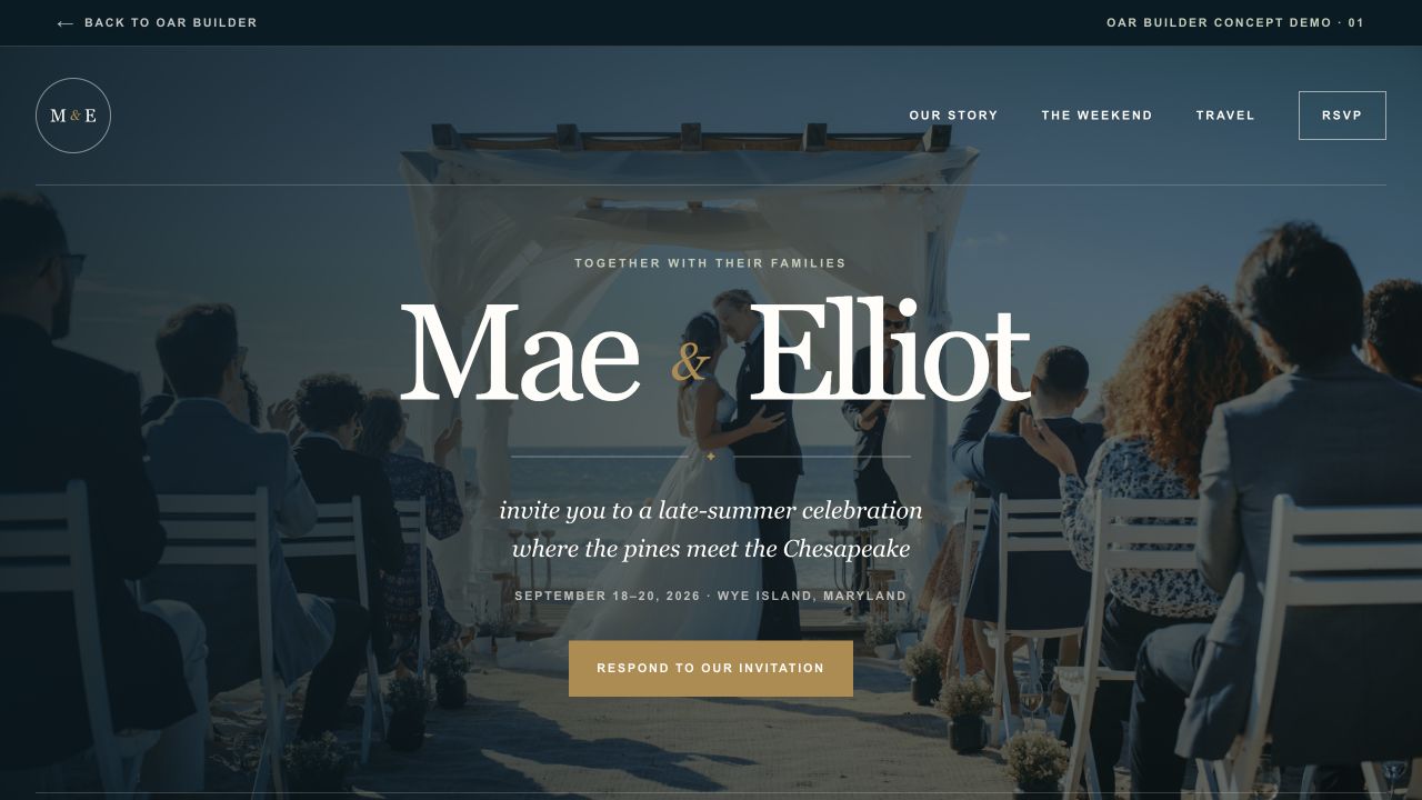Harbor and Pine wedding website showing Mae and Elliot at their waterfront ceremony