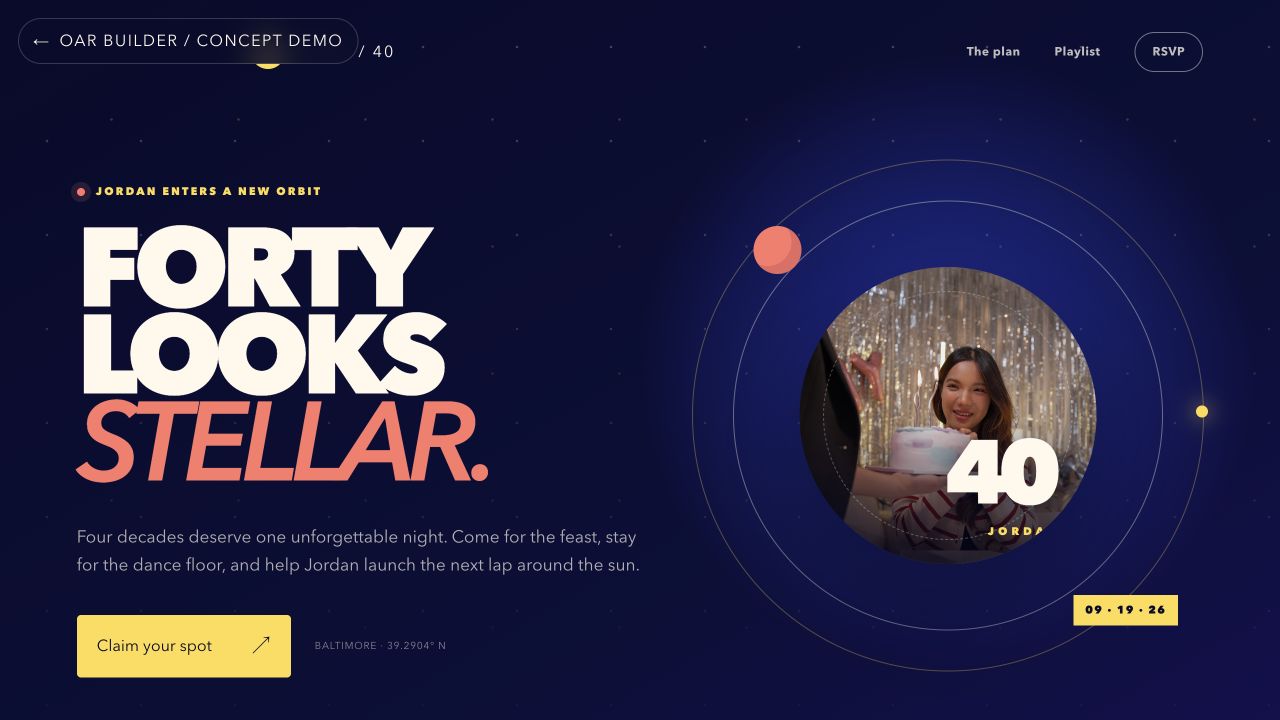 ORBIT 40 birthday website with a portrait of Jordan and details for the celebration