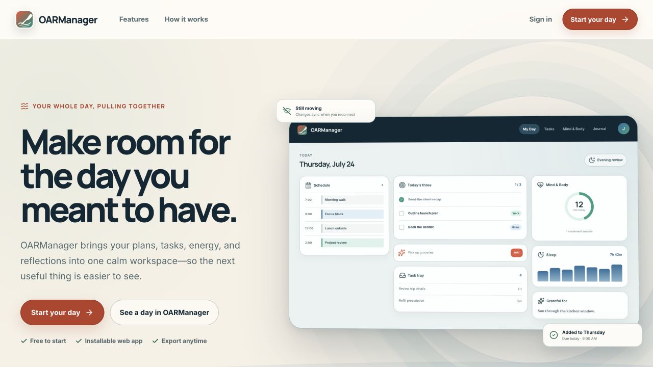OARManager website and product dashboard